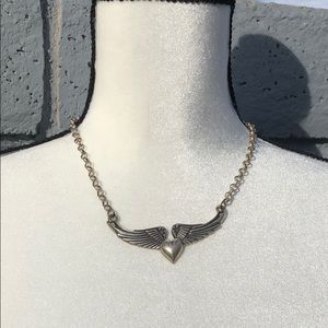 Heart and angel wings silver necklace